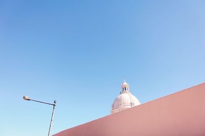 Low angle view of church against clear blue sky