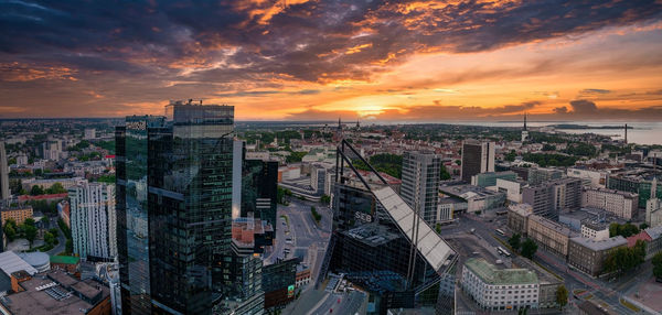 Aerial view of the tallinn business center in the evening. beautiful business district