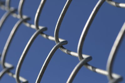 Close-up of chainlink fence against clear blue sky
