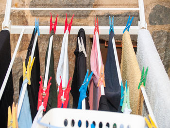 Close-up of multi colored clothes on clothesline