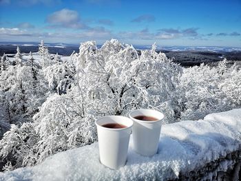 Coffee cup on snowcapped mountains against sky