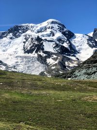 Scenic view of snowcapped mountains against clear sky