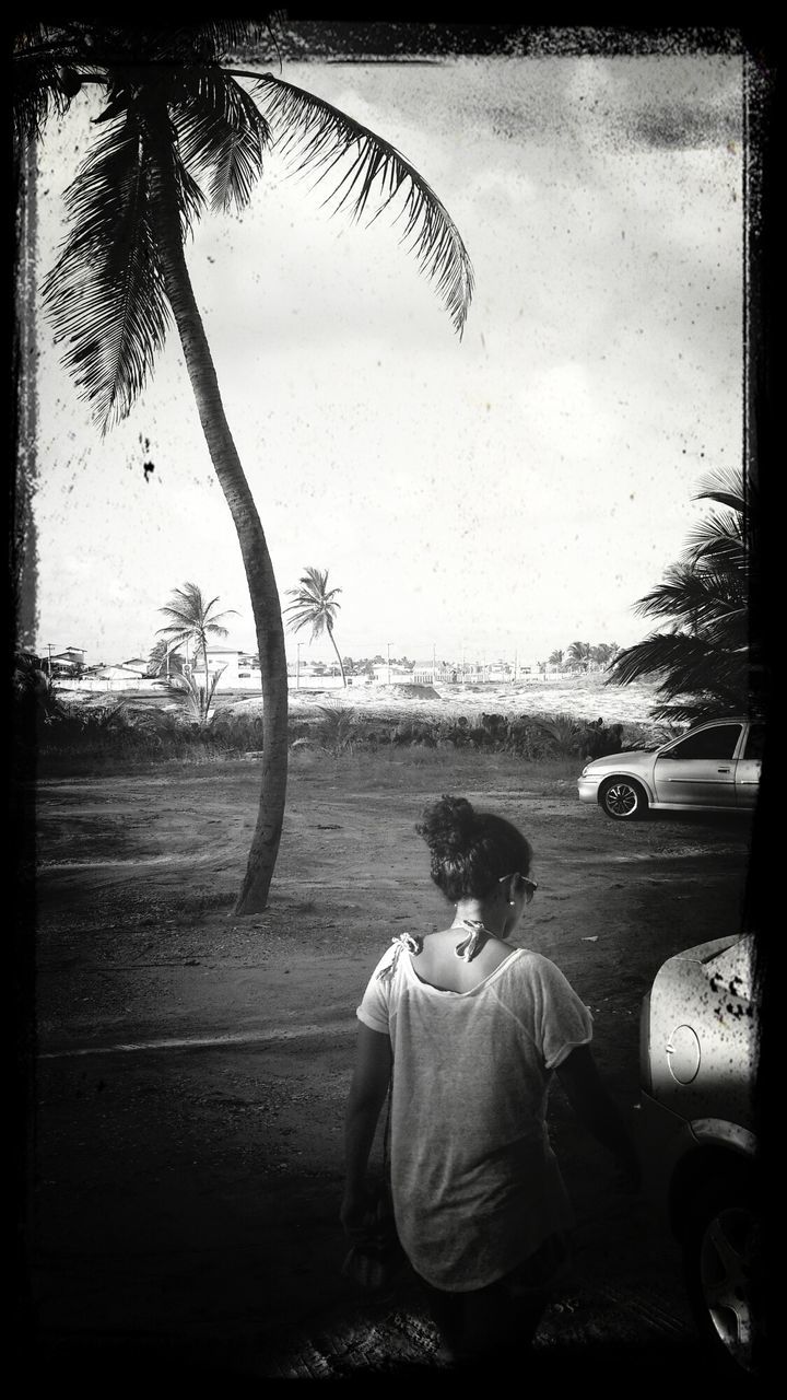 tree, rear view, palm tree, real people, childhood, one person, standing, day, outdoors, nature, sky, young adult, people