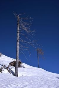 Scenic view of snow covered landscape against clear blue sky