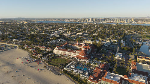 High angle view of city at sunset