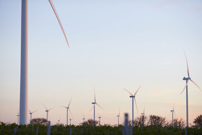 View of wind turbines at sunset