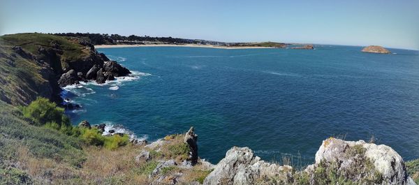 High angle view of sea against clear sky