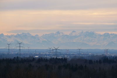 Scenic view of mountains against sky during sunset