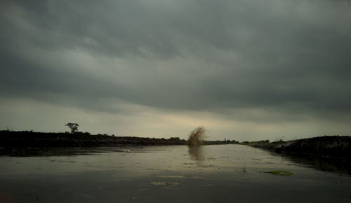 Scenic view of lake against cloudy sky