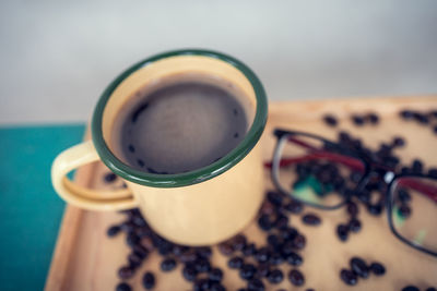 High angle view of coffee on table