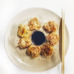 High angle view of food in plate on table