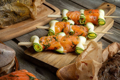 High angle view of food on cutting board