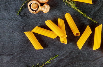 High angle view of yellow food on table