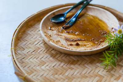 High angle view of bread in container on table