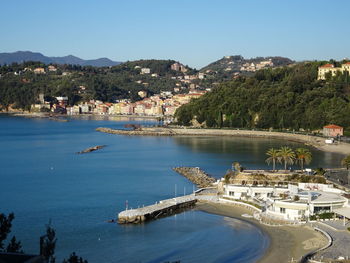 High angle view of townscape by sea