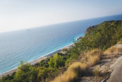 High angle view of sea against clear sky