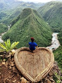 Rear view of man looking at mountains