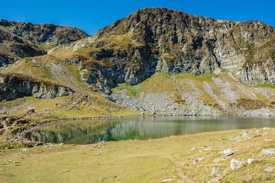 Scenic view of lake and mountains against sky