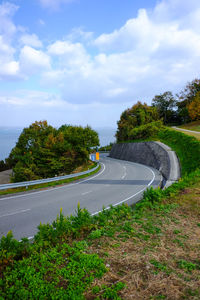 Scenic view of road by trees against sky