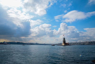 Lighthouse in sea against cloudy sky