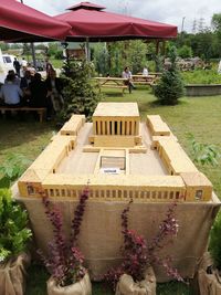 High angle view of people outside temple