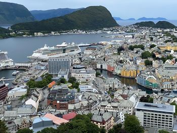 High angle view of buildings in town