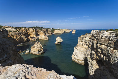 Scenic view of sea and rocks against blue sky