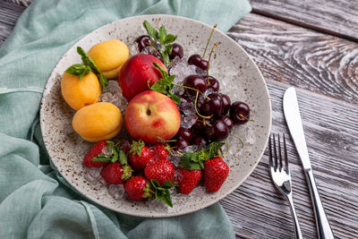 High angle view of fruits in bowl on table