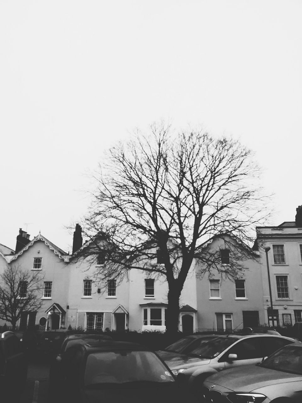 building exterior, bare tree, architecture, built structure, car, clear sky, land vehicle, tree, transportation, mode of transport, house, residential structure, residential building, street, branch, city, parking, window, day, outdoors