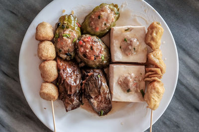 High angle view of food in plate on table