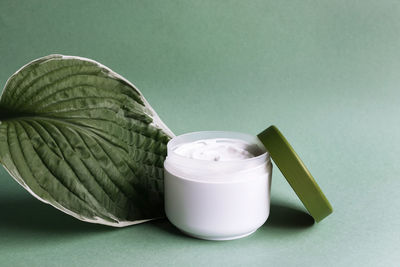 White jar of cream on a green leaf