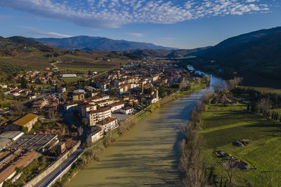 Aerial view of pontassieve along arno river, sieci, tuscany, italy.