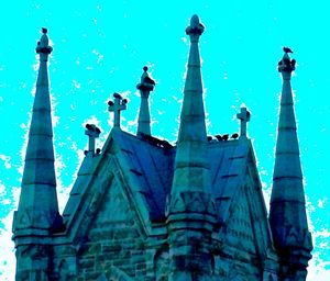 Low angle view of temple against building