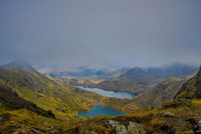 Scenic view of lake and mountains against sky