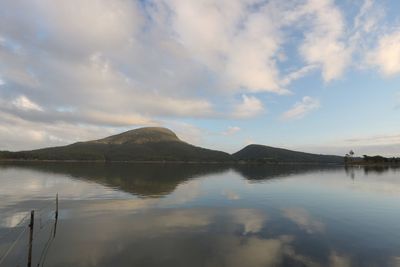 Scenic view of lake by mountains against sky