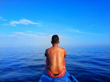 Rear view of shirtless man standing in sea against sky