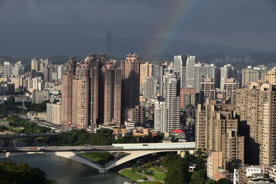 Aerial view of modern buildings in city against sky