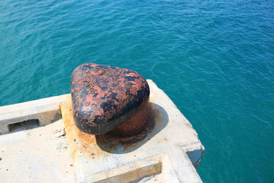 High angle view of rusty ship in sea