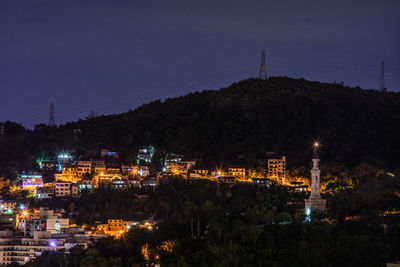 High angle view of illuminated buildings at night