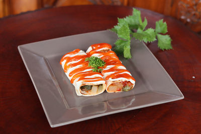 High angle view of sushi served on table