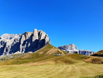 Scenic view of rocky mountains against clear blue sky