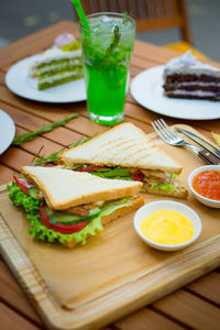 High angle view of breakfast served on table