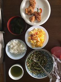 High angle view of food served on table