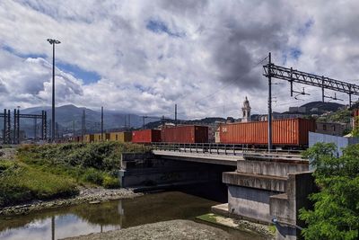 Freight train on a bridge over a stream against sky