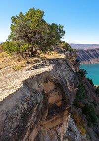 Rock formation amidst trees against sky