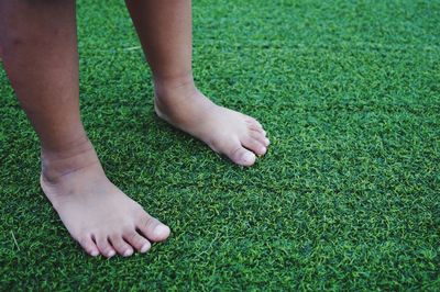 Low section of person standing on grass field