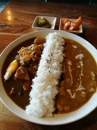 High angle view of food in bowl on table