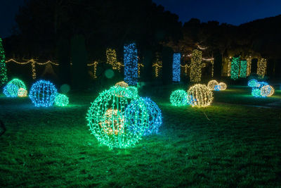 Illuminated lighting equipment on tree at night