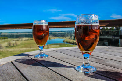 Close-up of beer glass on table