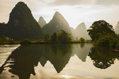 Sunset on the river li close to yangshua in china